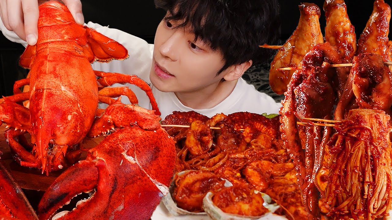 ASMR MUKBANG SEAFOOD, Giant cheese Lobster, spicy noodles, Octopus ...