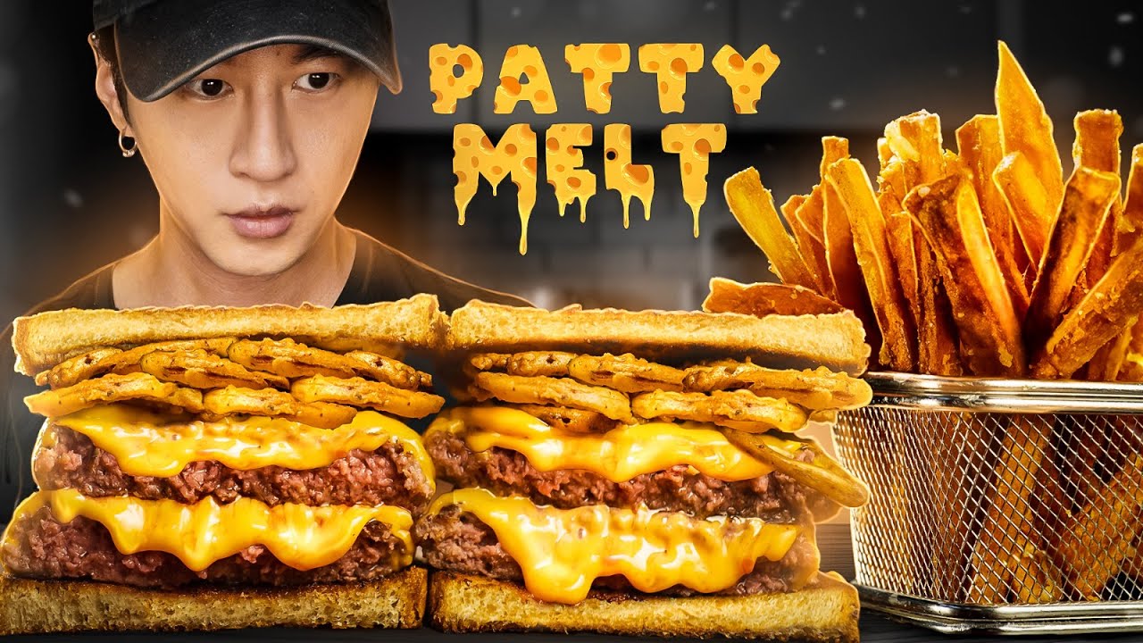 ASMR CHEESEBURGER PATTY MELT & SWEET POTATO FRIES MUKBANG | COOKING ...