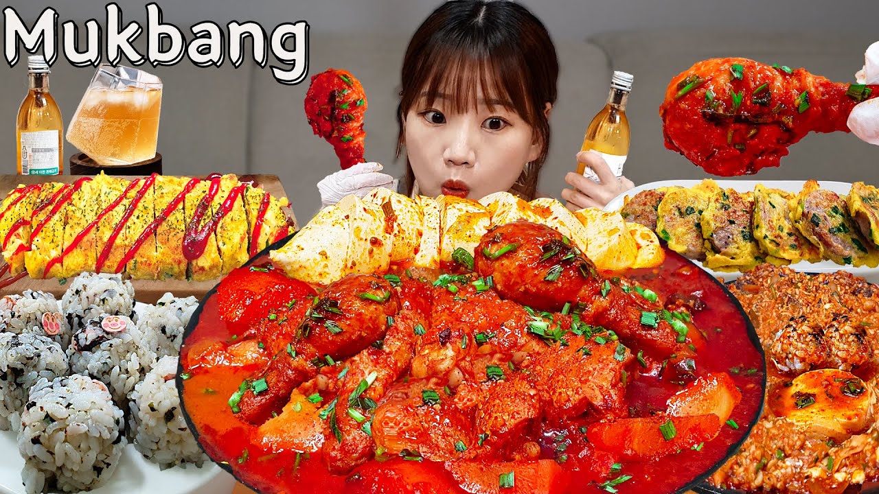 Sub Real Mukbang Spicy Braised Chicken Cheese Rolled Omelet Rice Ball Asmr Korean Food